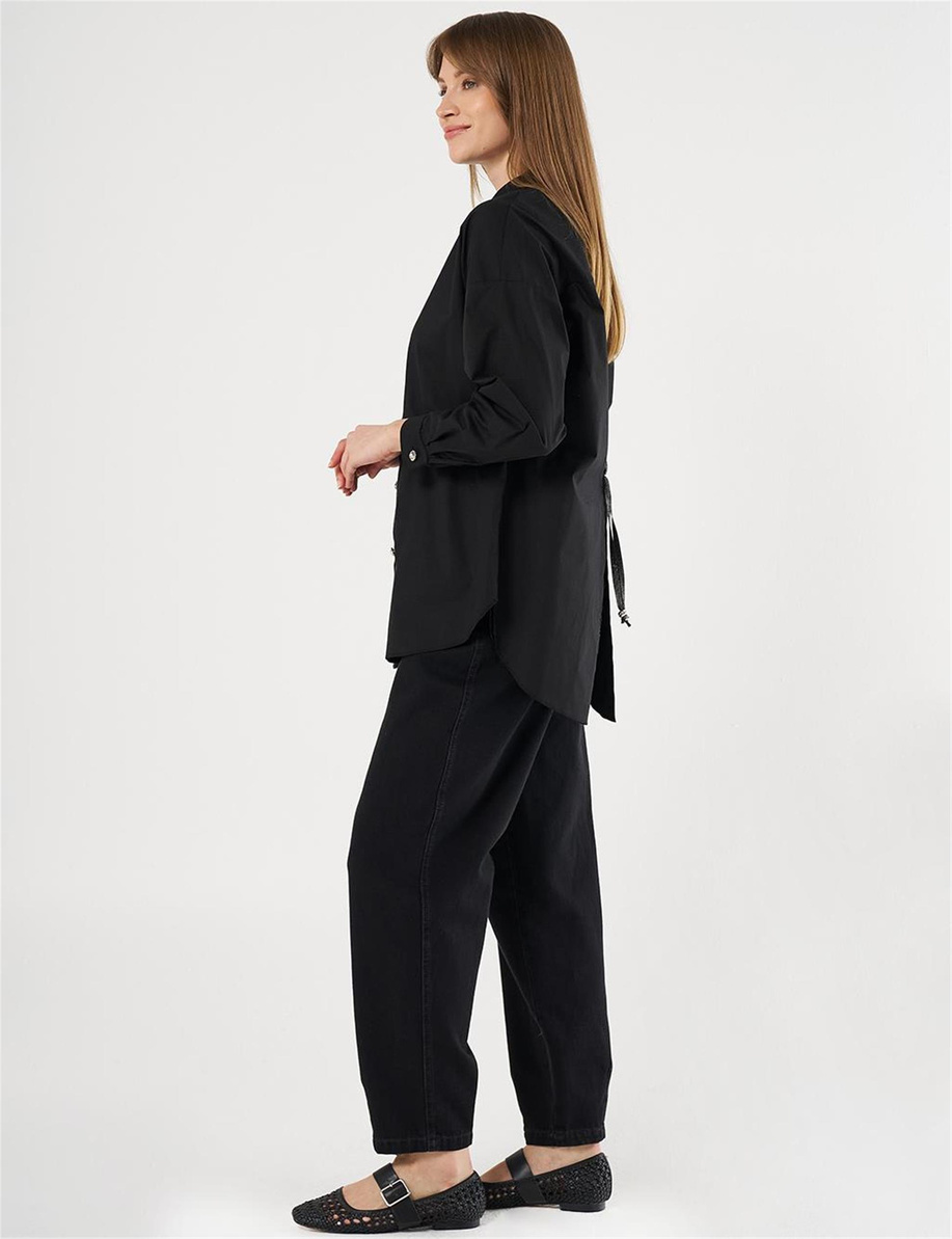 Sırtı Bağcıklı Poplin  Siyah Tunik