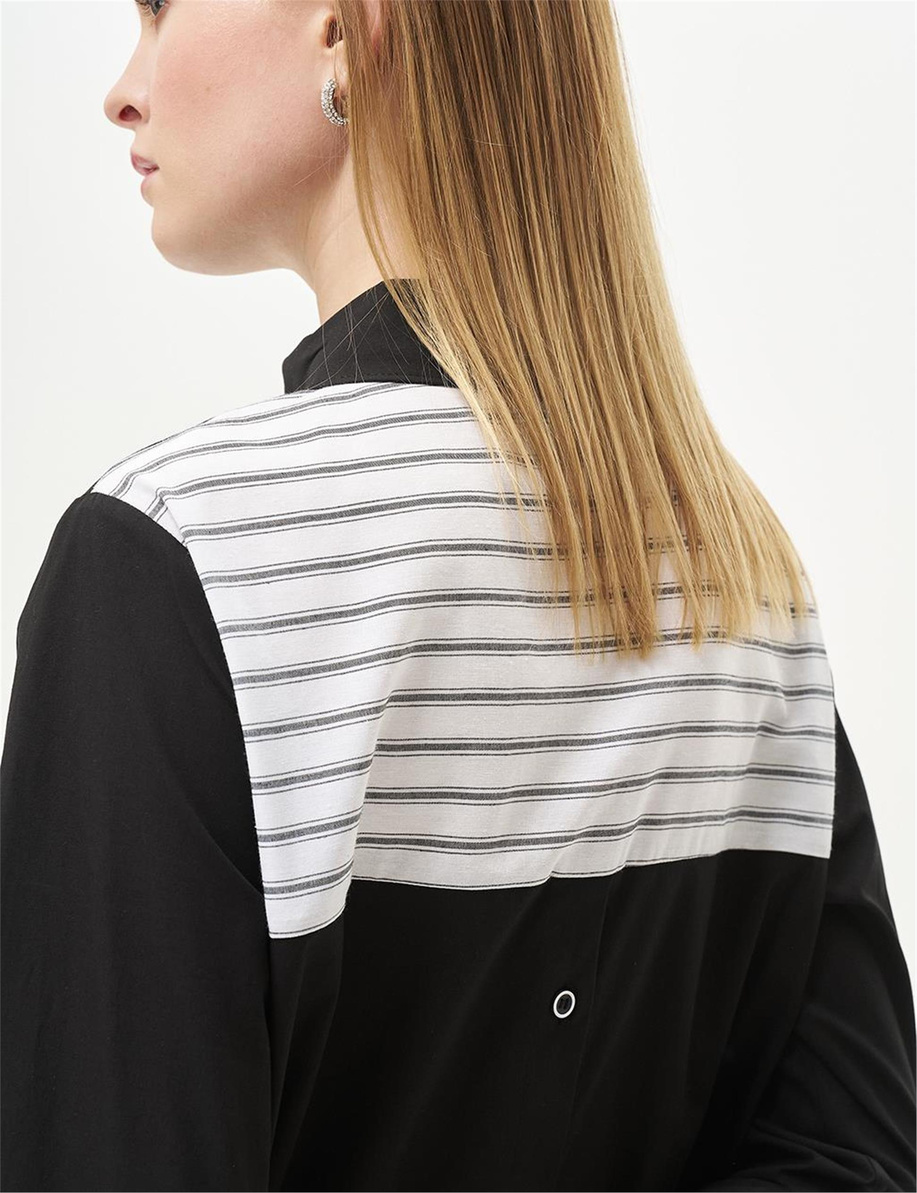 Sırtı Yarım Düğme Kapamalı Poplin Siyah Tunik