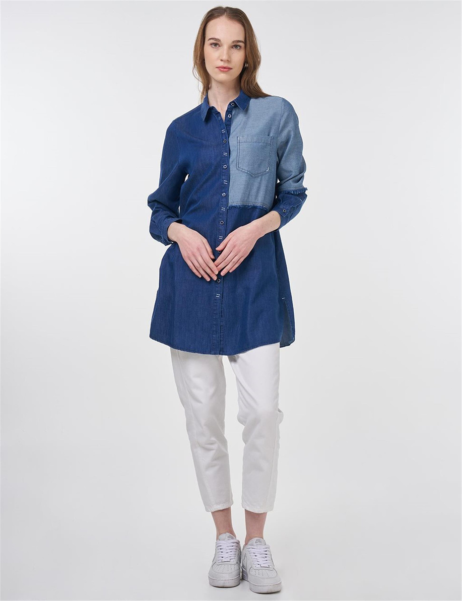 Spor Dikişli Lyocell Tunik Lacivert