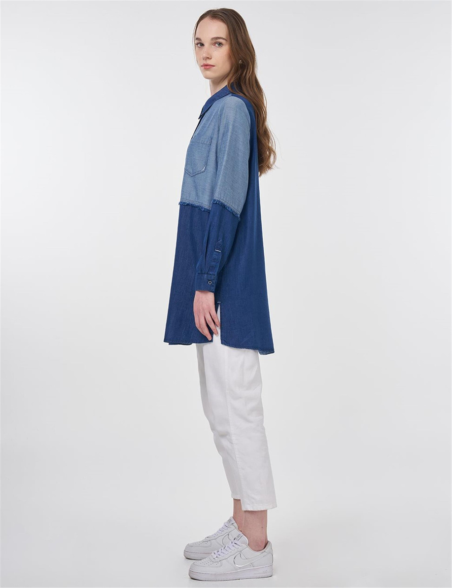 Spor Dikişli Lyocell Tunik Lacivert