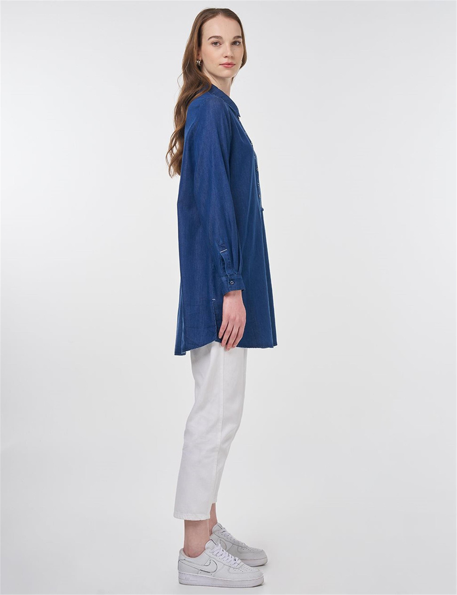 Spor Dikişli Lyocell Tunik Lacivert