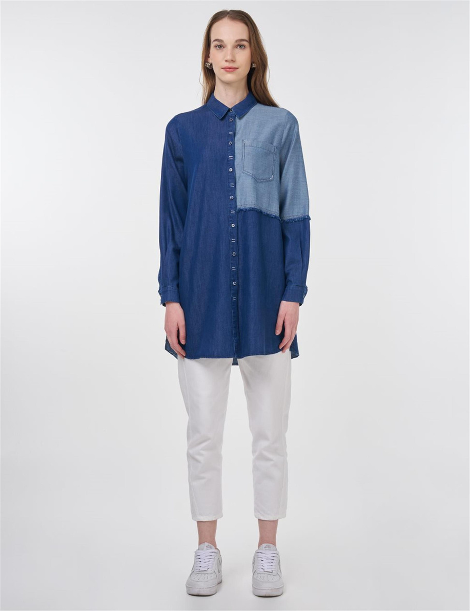 Spor Dikişli Lyocell Tunik Lacivert