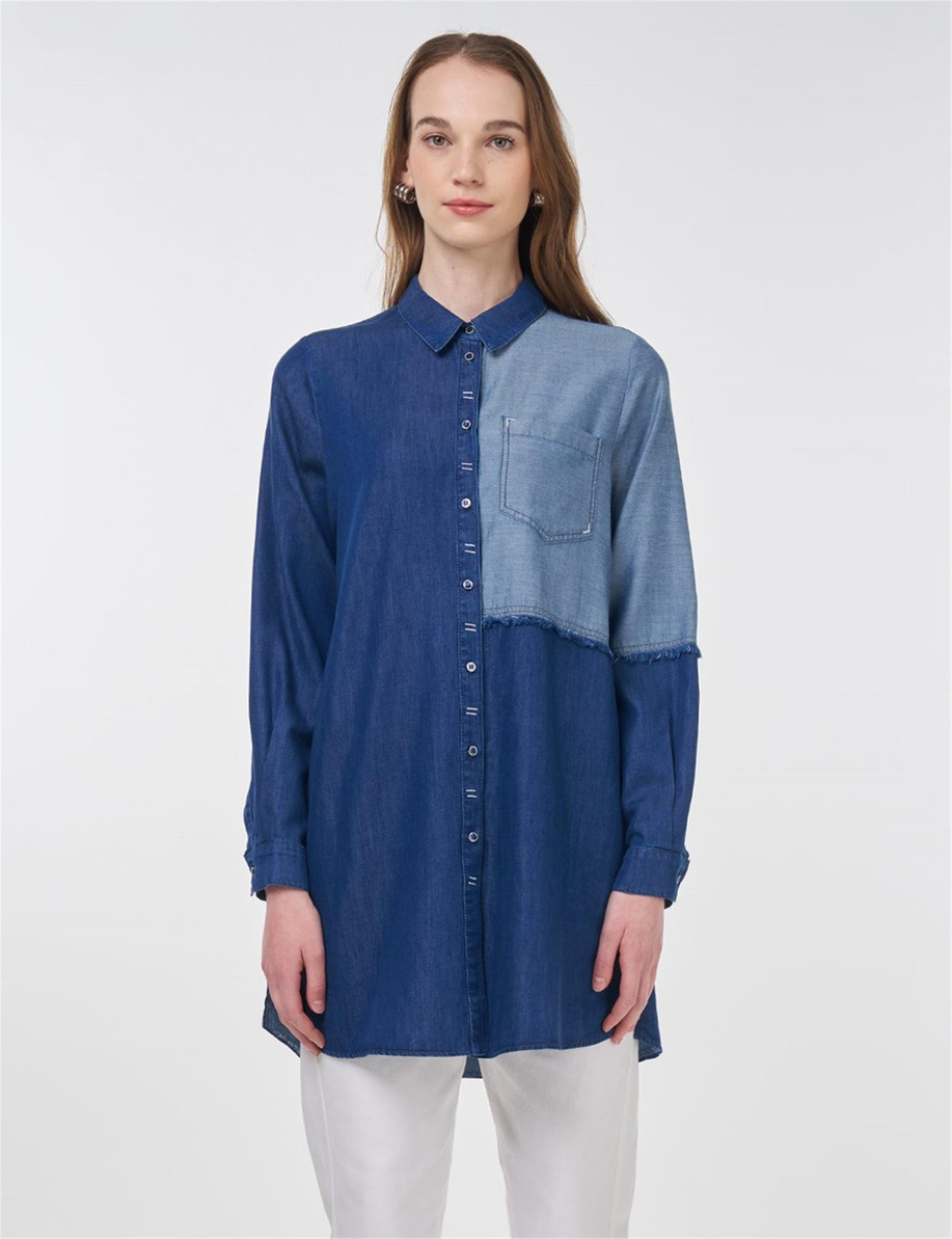 Spor Dikişli Lyocell Tunik Lacivert