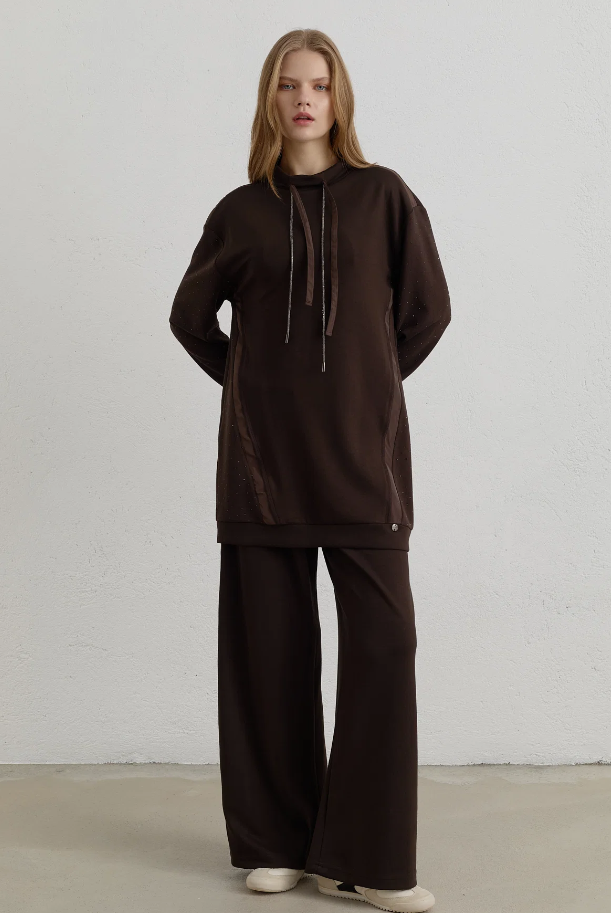 Taş Baskı Detaylı Örme Pantolon Tunik Takım Kahve - 261TK4056NH.1