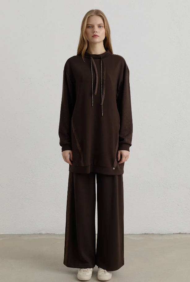 Taş Baskı Detaylı Örme Pantolon Tunik Takım Kahve - 261TK4056NH.1