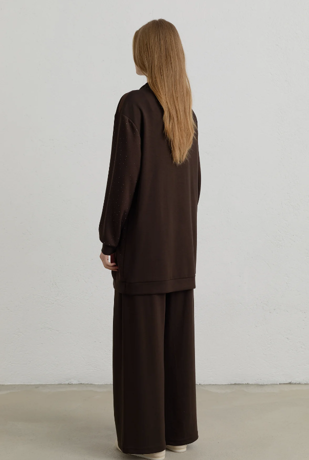 Taş Baskı Detaylı Örme Pantolon Tunik Takım Kahve - 261TK4056NH.1