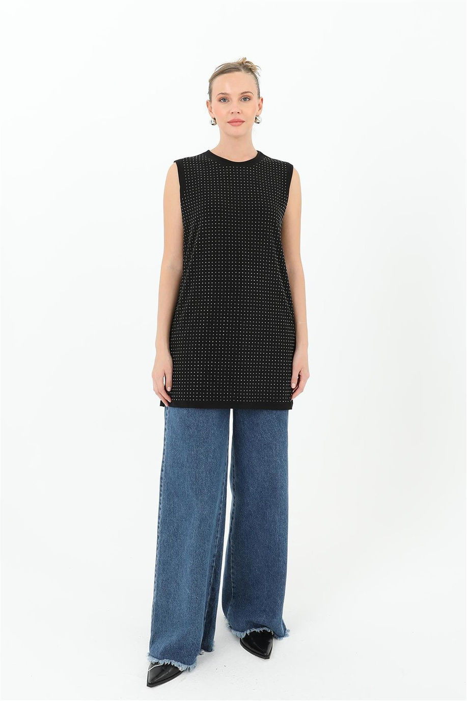 Taş Detaylı Kolsuz Tunik Siyah - 25YP10525