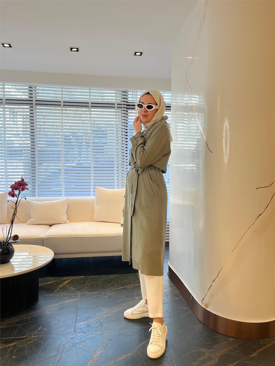 Taş İşlemeli Astarsız Cupra Trenckot Haki - 25YMB2573