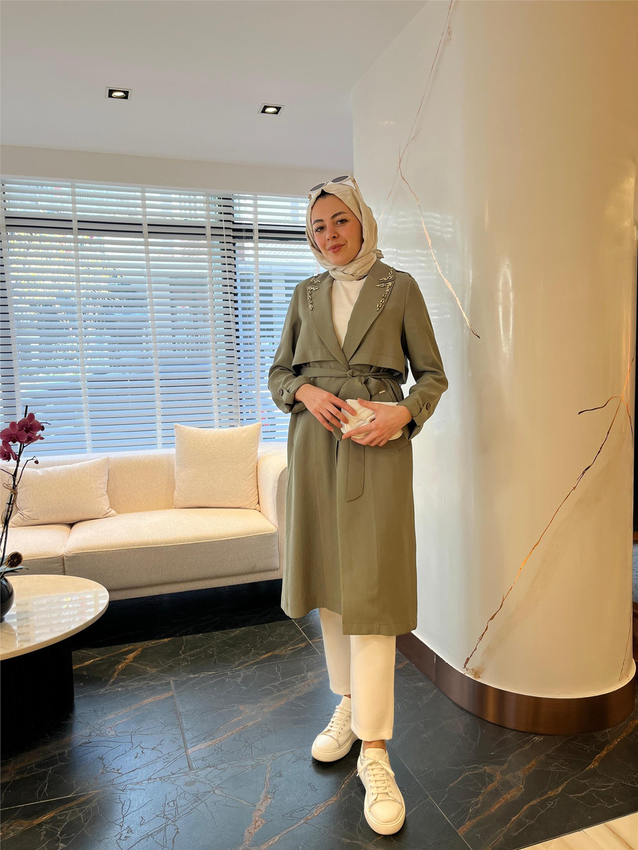 Taş İşlemeli Astarsız Cupra Trenckot Haki - 25YMB2573