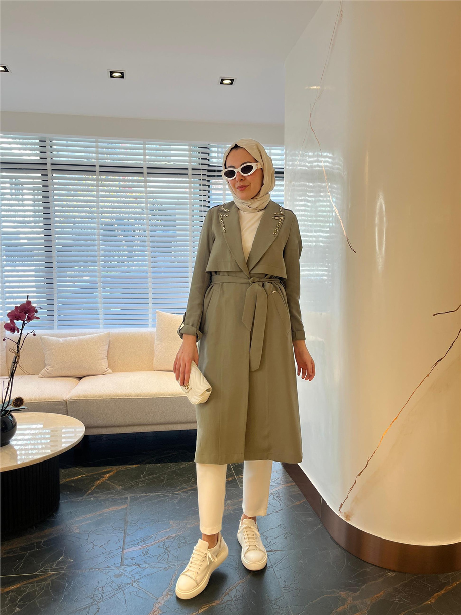 Taş İşlemeli Astarsız Cupra Trenckot Haki - 25YMB2573