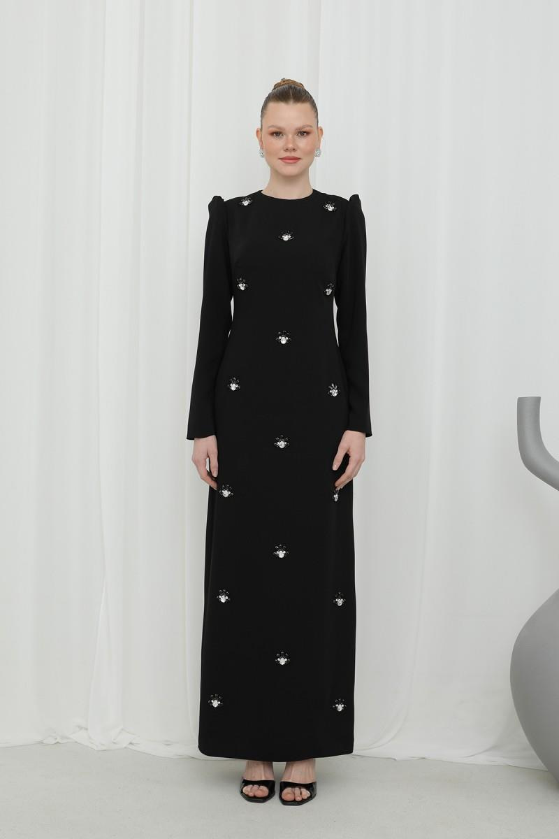 Taş İşlemeli Şal Detaylı Siyah Abiye