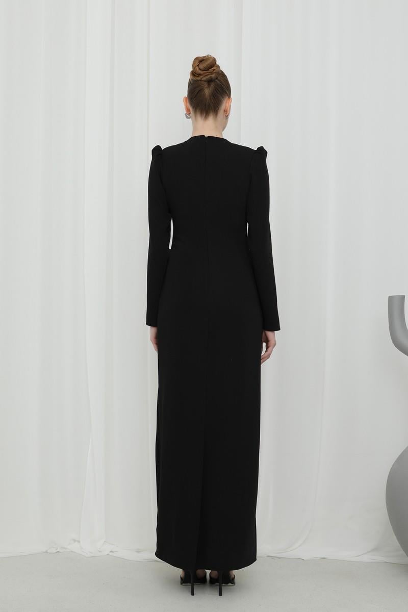 Taş İşlemeli Şal Detaylı Siyah Abiye