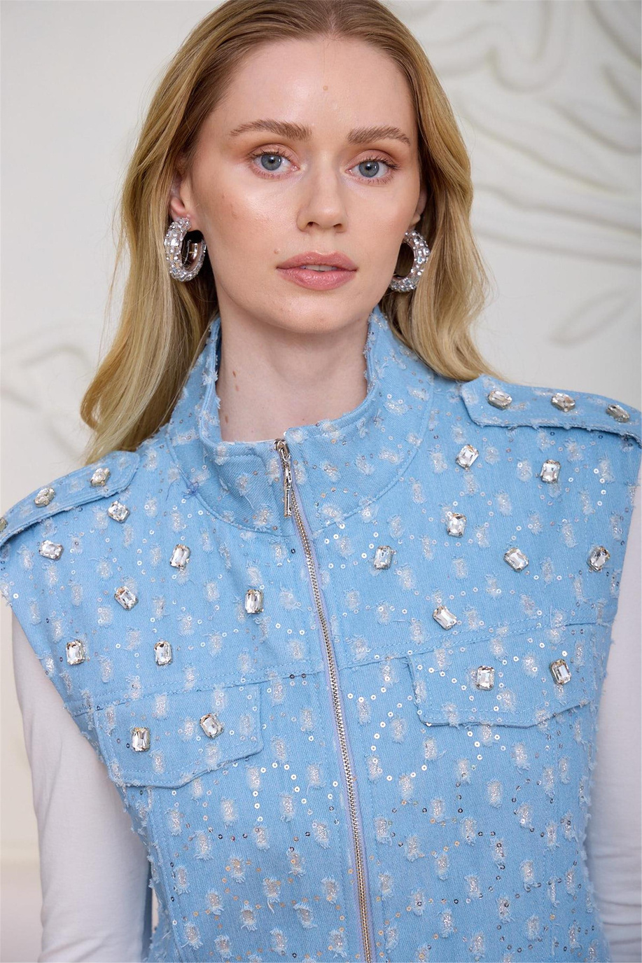 Taşlı Işıltılı Kot Yelek Bebe Mavi - 25KMA2801