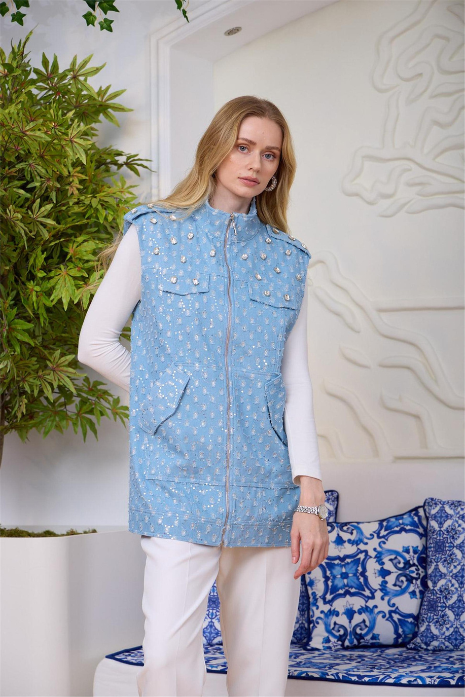 Taşlı Işıltılı Kot Yelek Bebe Mavi - 25KMA2801