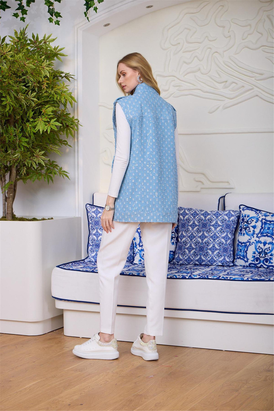 Taşlı Işıltılı Kot Yelek Bebe Mavi - 25KMA2801