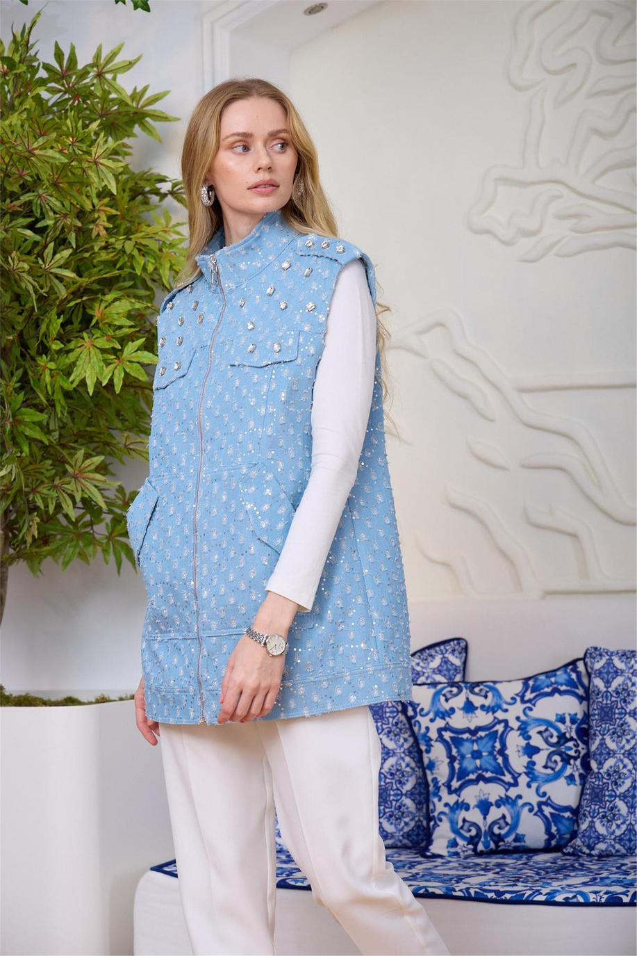 Taşlı Işıltılı Kot Yelek Bebe Mavi - 25KMA2801