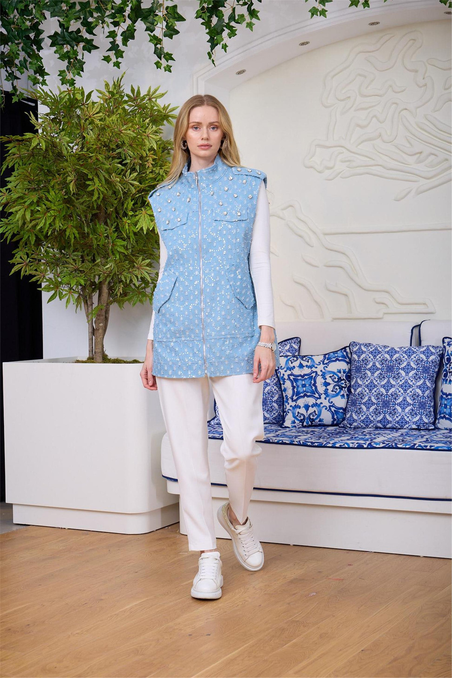 Taşlı Işıltılı Kot Yelek Bebe Mavi - 25KMA2801