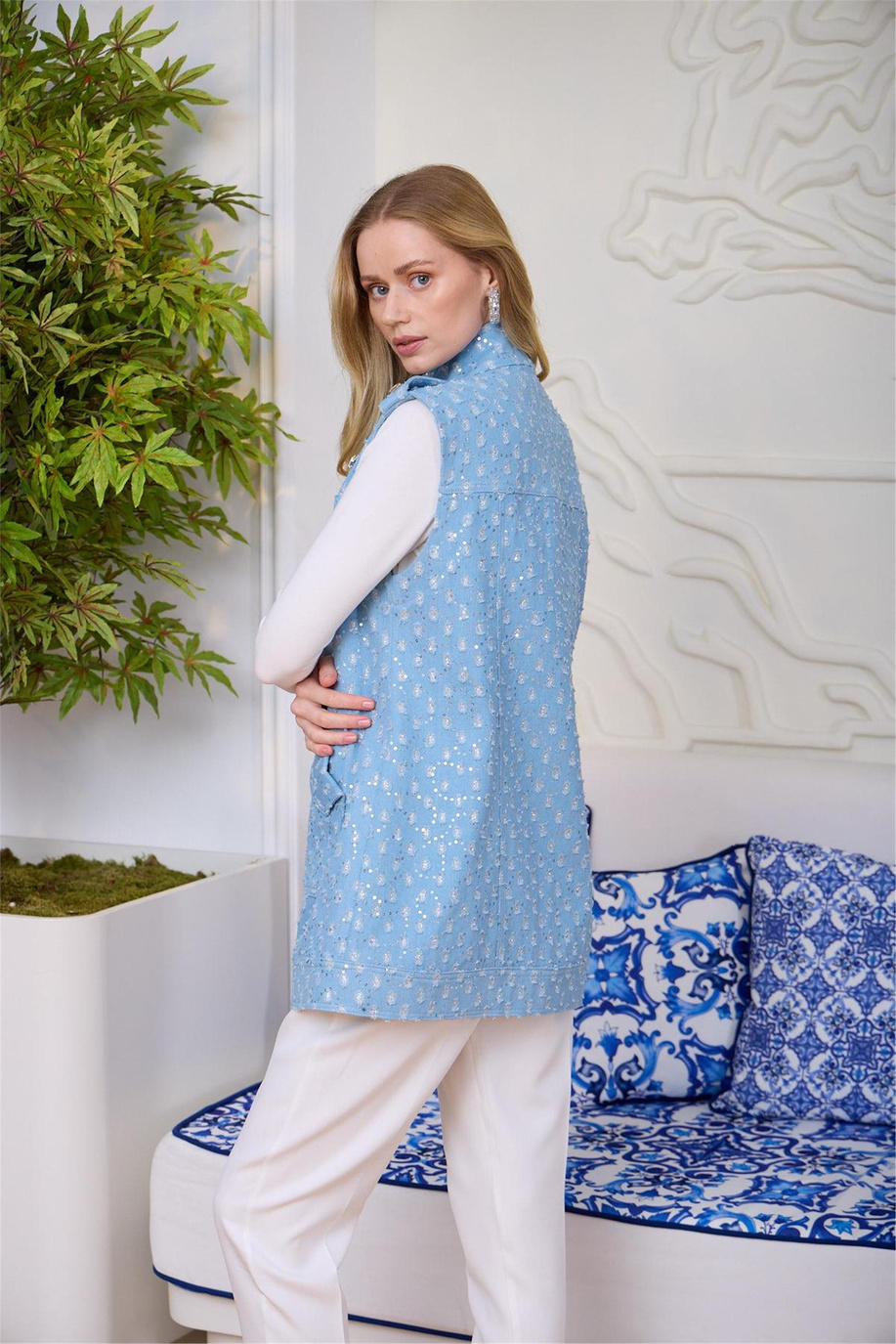 Taşlı Işıltılı Kot Yelek Bebe Mavi - 25KMA2801