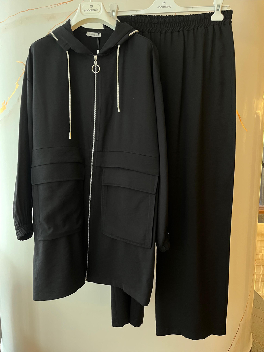 Taşlı Kordonlu Fermuarlı Keten Siyah Takım