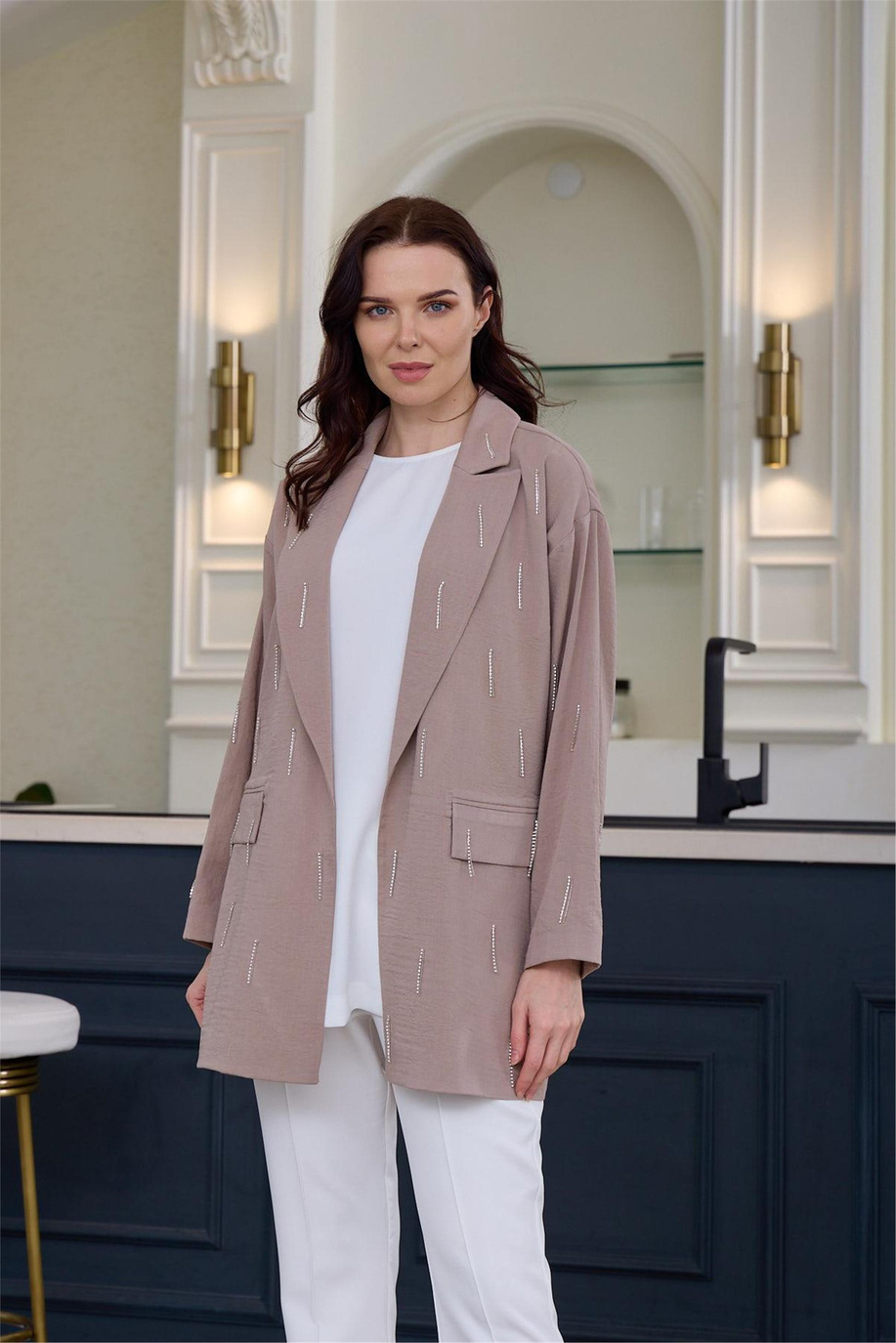 Taşlı Püsküllü Cupra Keten Vizon Ceket