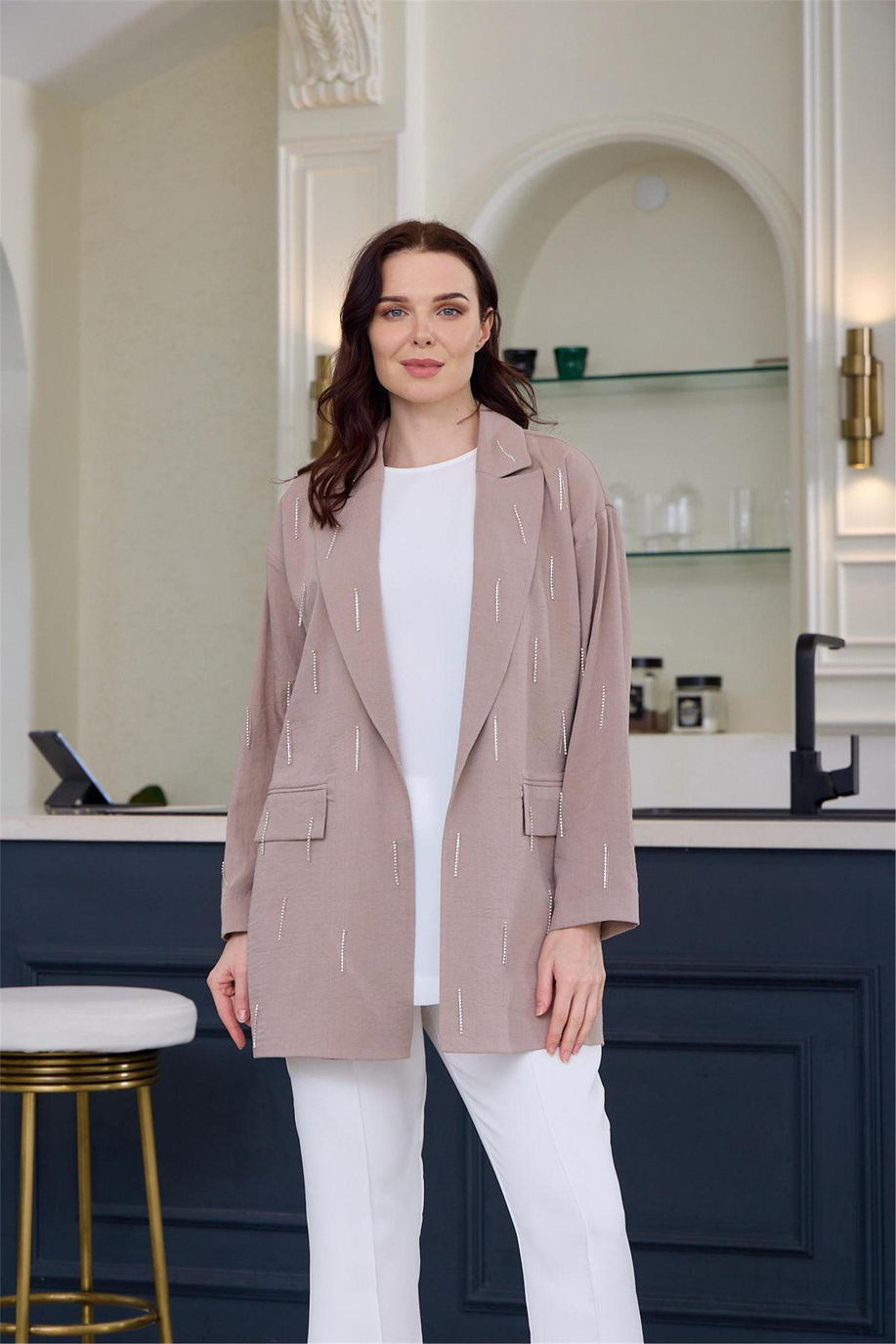 Taşlı Püsküllü Cupra Keten Vizon Ceket