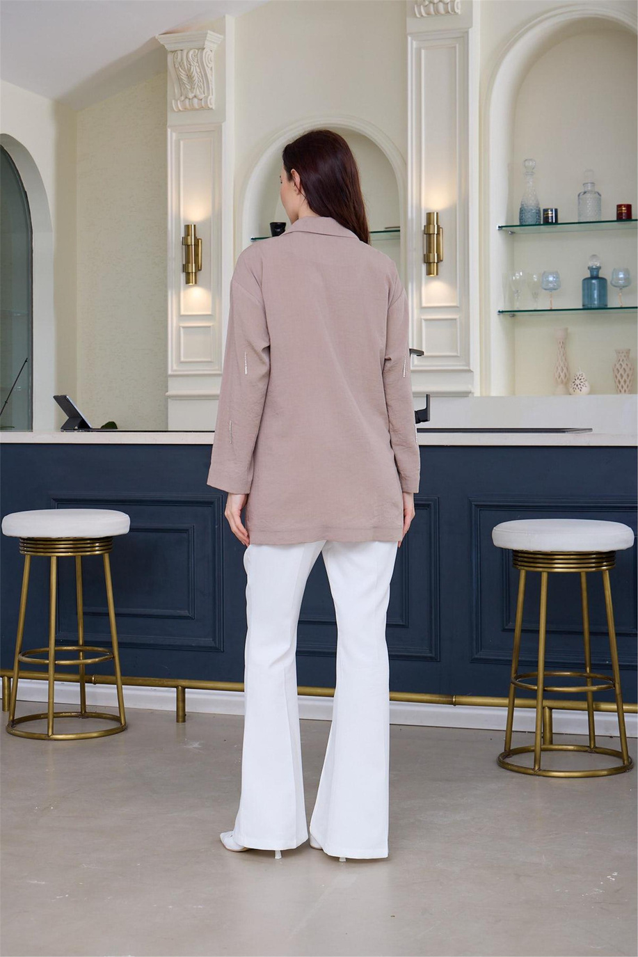 Taşlı Püsküllü Cupra Keten Vizon Ceket