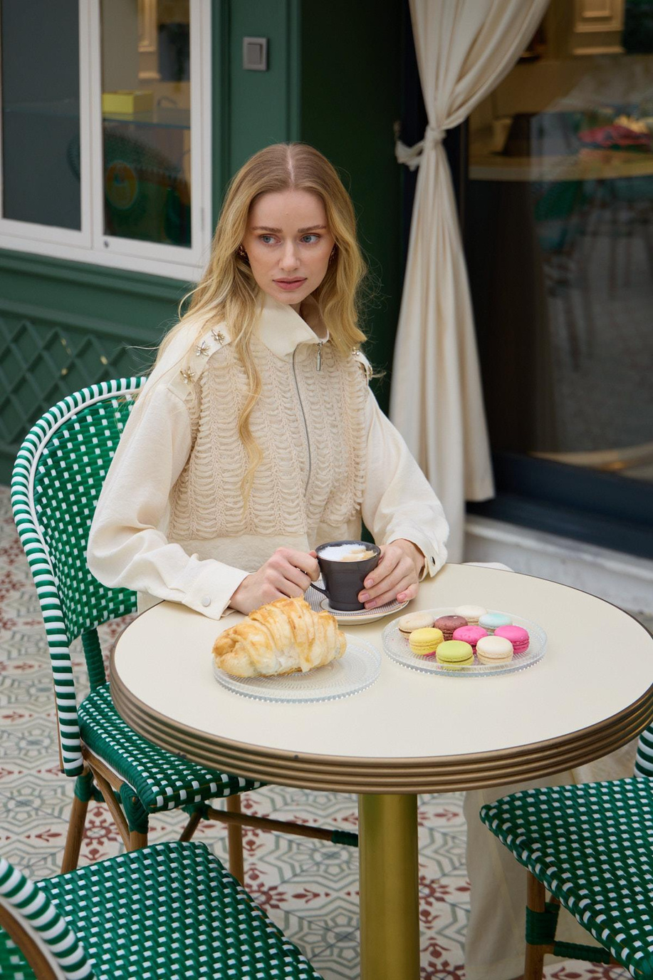 Taşlı Şerit Dantelli Açık Bej Takım