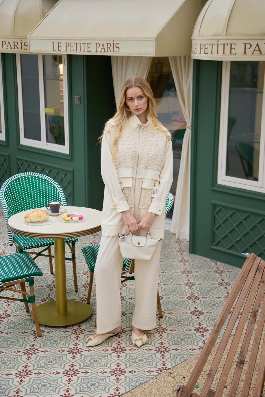 Taşlı Şerit Dantelli Açık Bej Takım