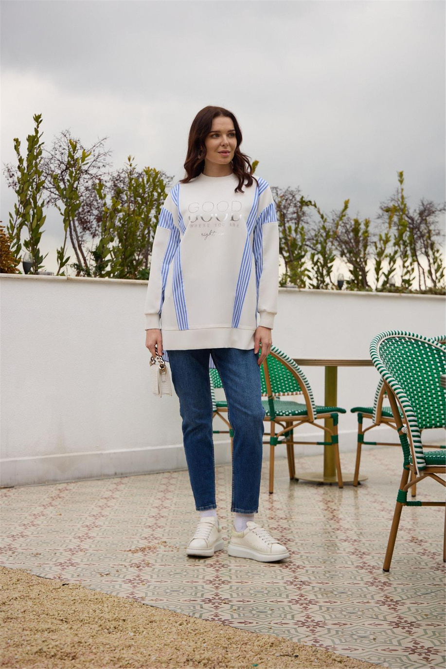 Taşlı Yazılı Ribanalı Krep Tunik Mavi - 25YMB21306