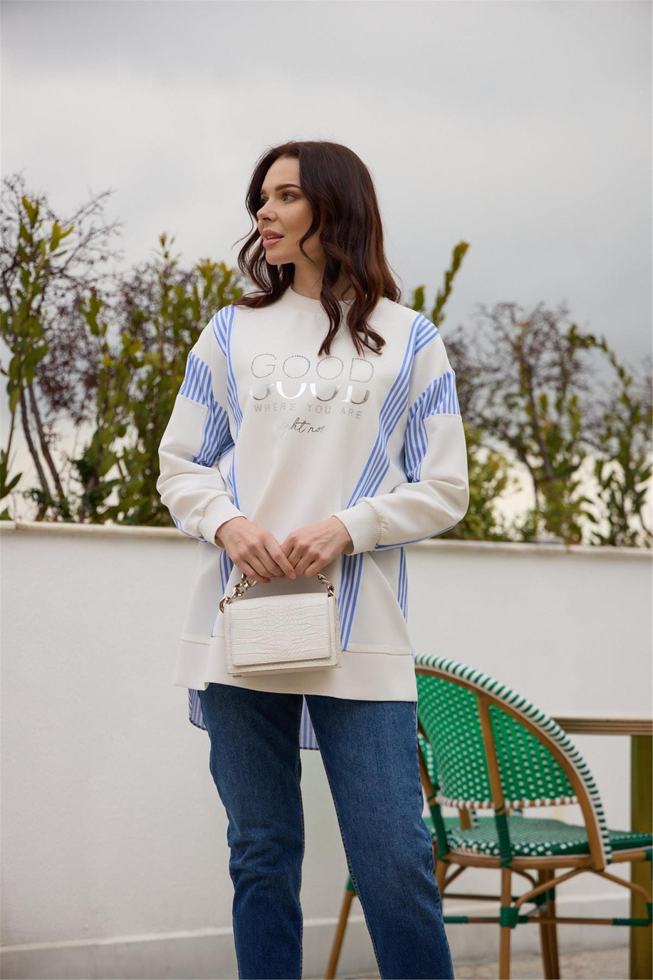 Taşlı Yazılı Ribanalı Krep Tunik Mavi - 25YMB21306