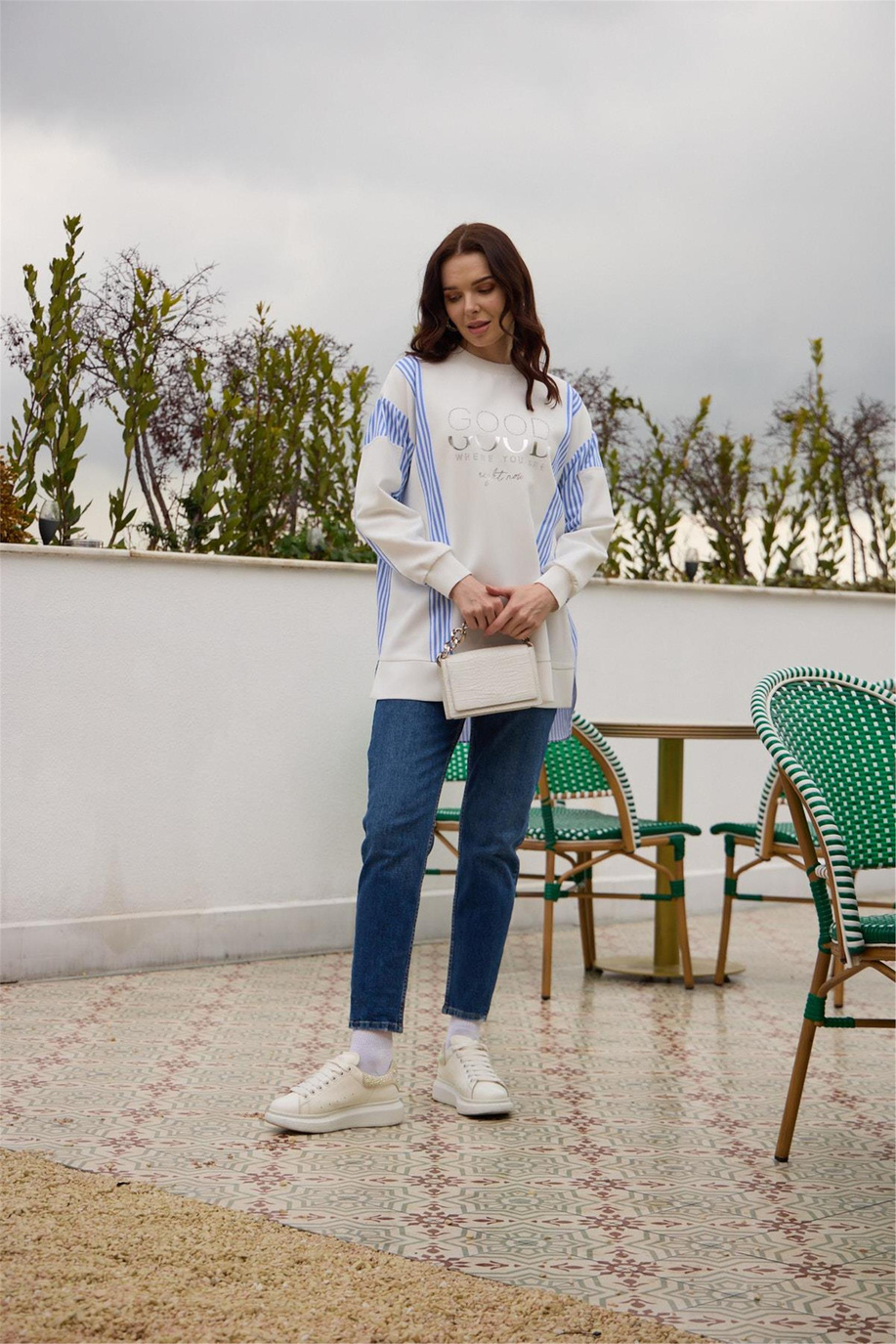 Taşlı Yazılı Ribanalı Krep Tunik Mavi - 25YMB21306