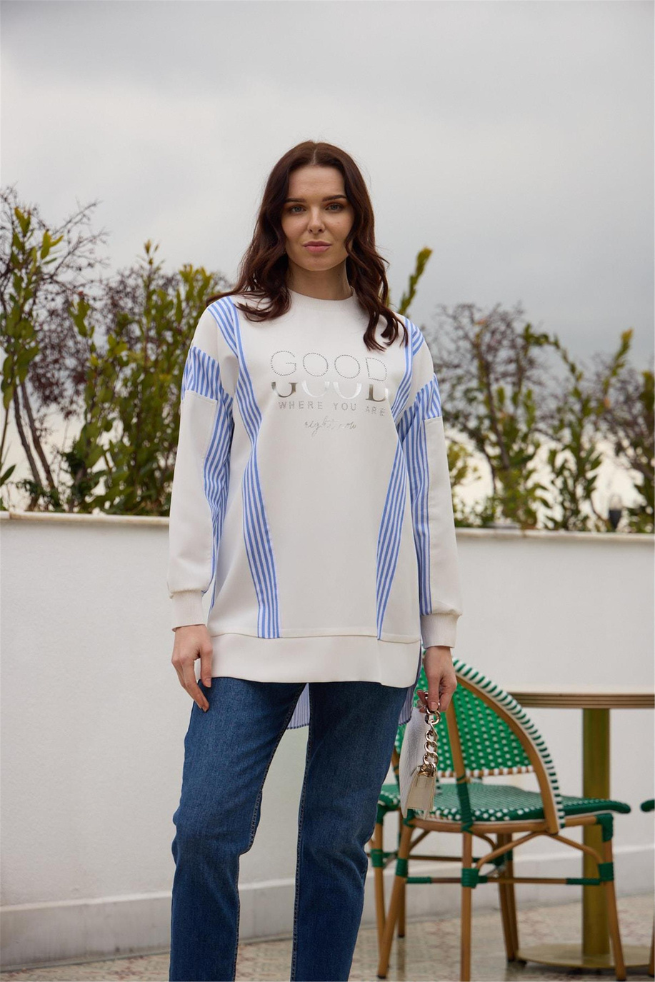 Taşlı Yazılı Ribanalı Krep Tunik Mavi - 25YMB21306