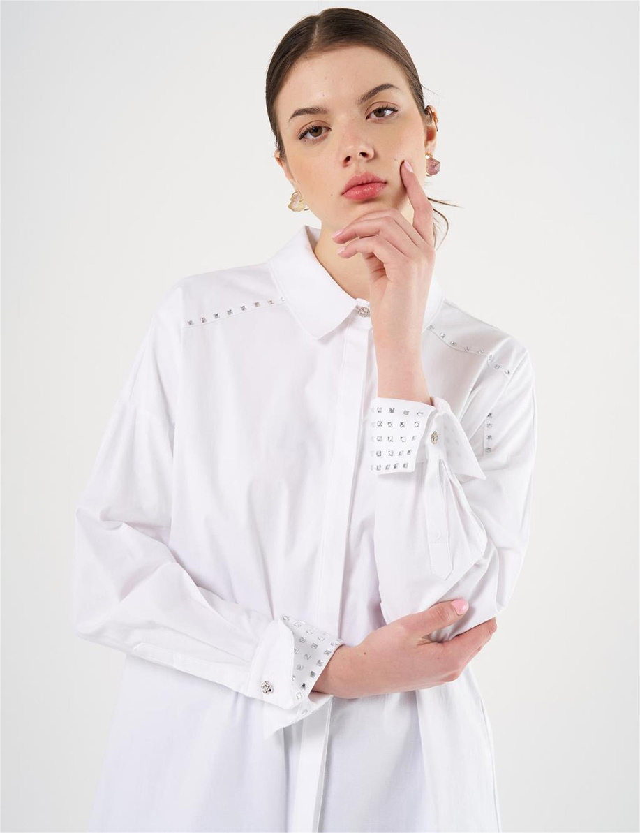 Trok Baskılı Poplin Tunik Optik Beyaz