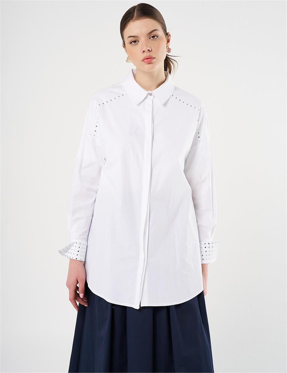 Trok Baskılı Poplin Tunik Optik Beyaz