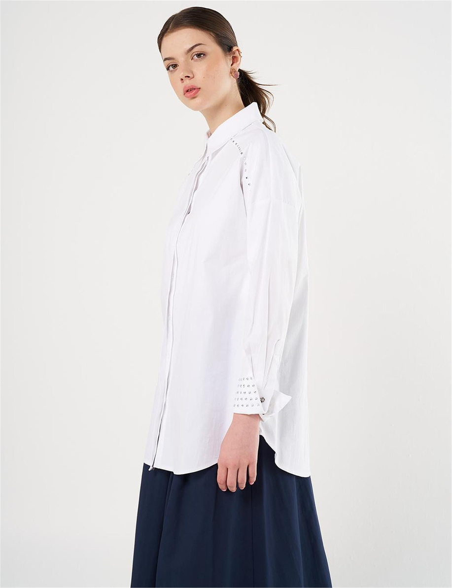 Trok Baskılı Poplin Tunik Optik Beyaz