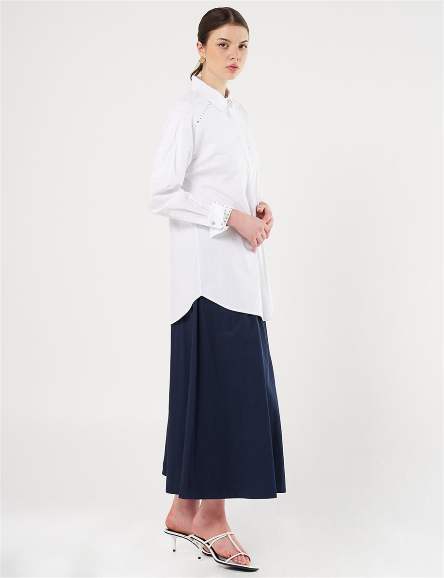 Trok Baskılı Poplin Tunik Optik Beyaz