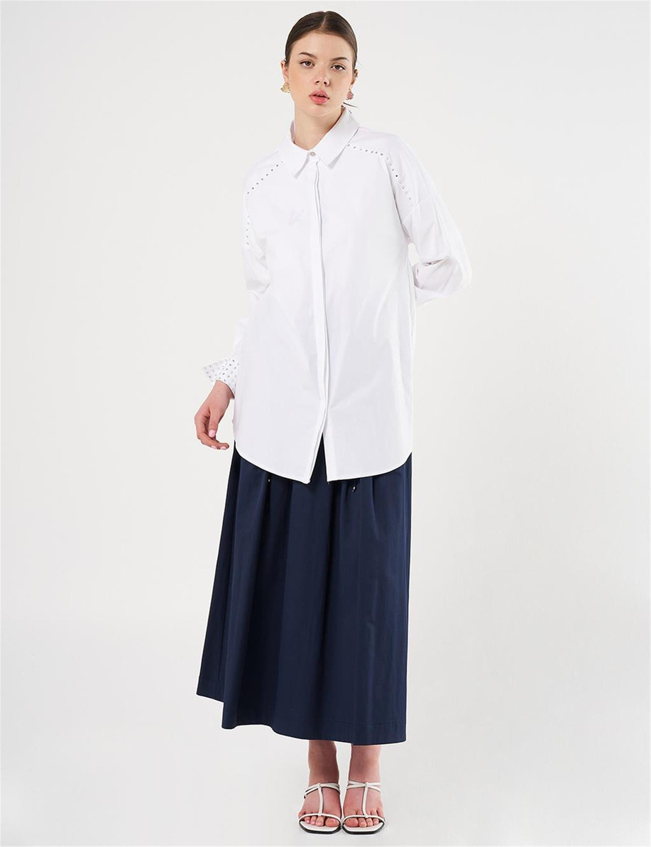 Trok Baskılı Poplin Tunik Optik Beyaz