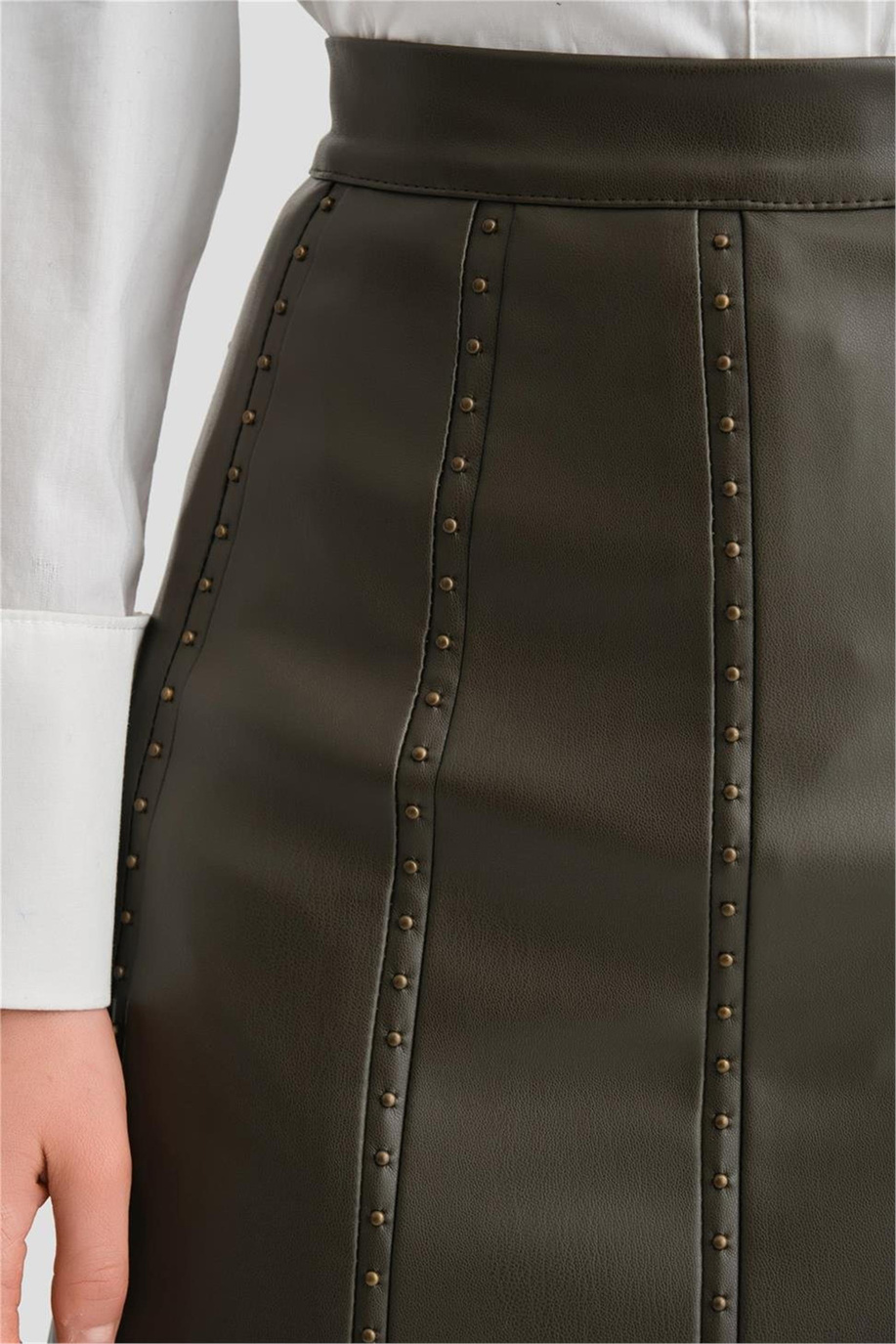 Trok Biyeli Deri Haki Etek