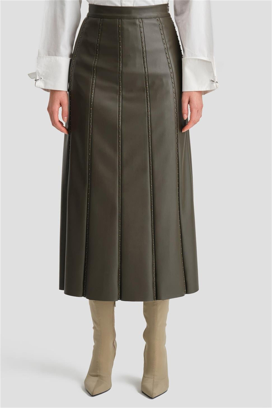 Trok Biyeli Deri Haki Etek