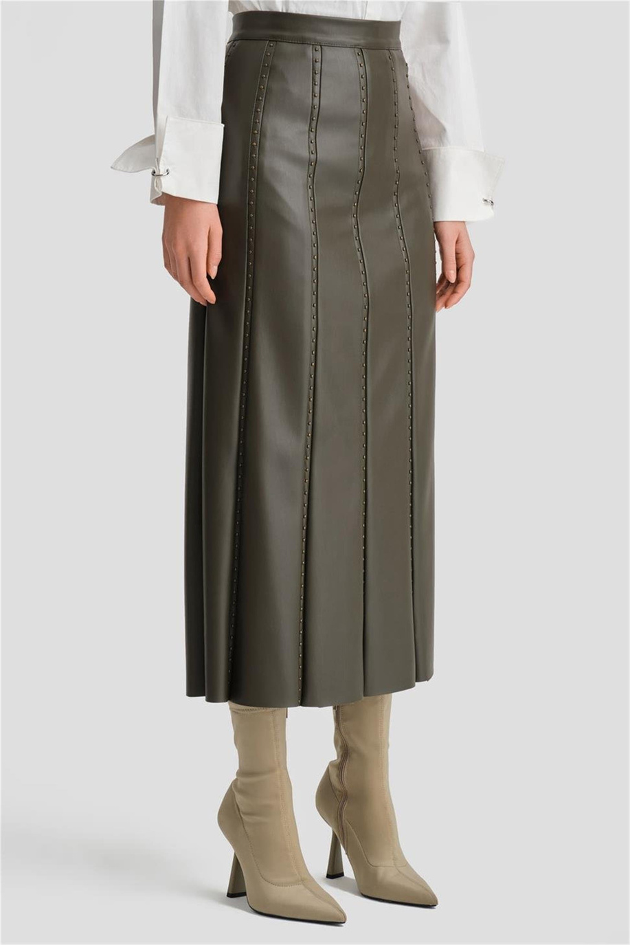 Trok Biyeli Deri Haki Etek