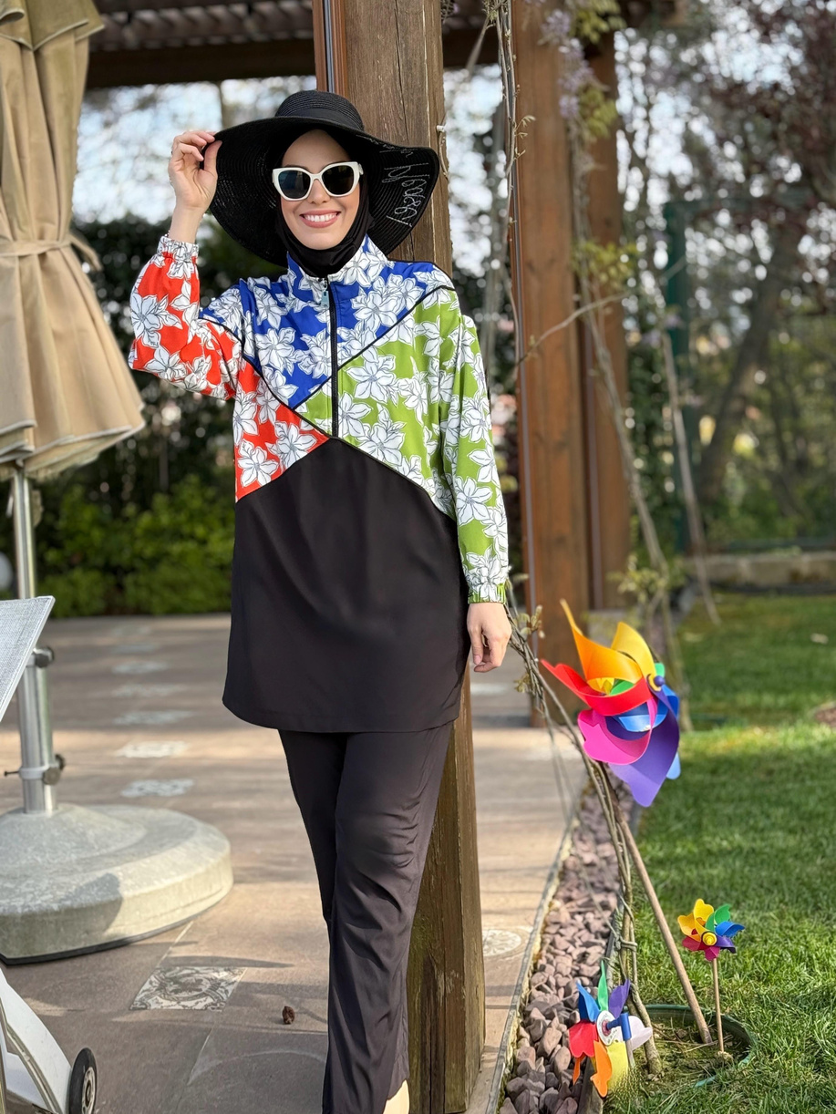 Üç Renkli Tesettür Mayo Siyah