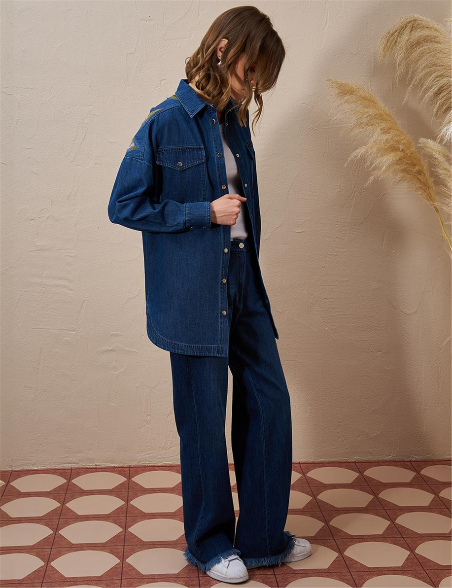 Üçgen Desenli Denim Ceket Lacivert