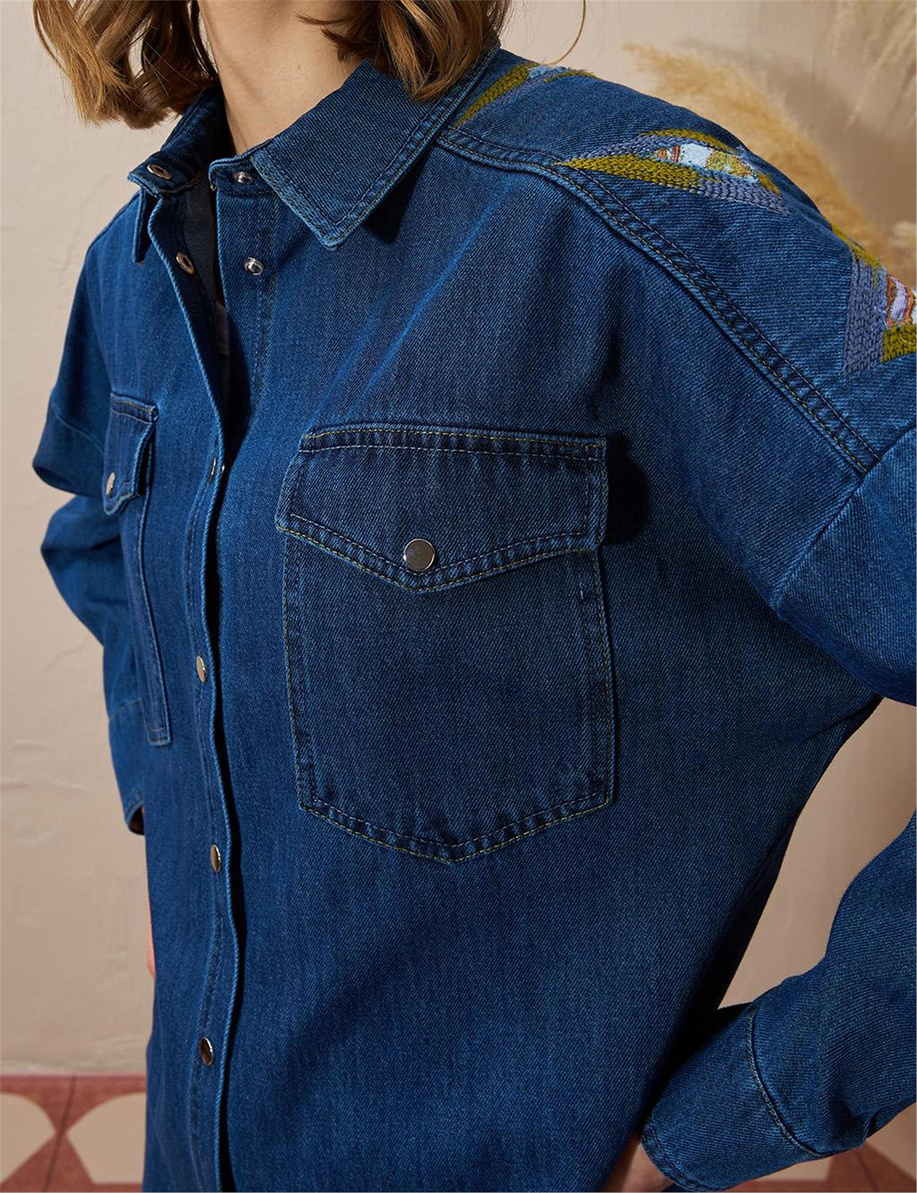 Üçgen Desenli Denim Ceket Lacivert