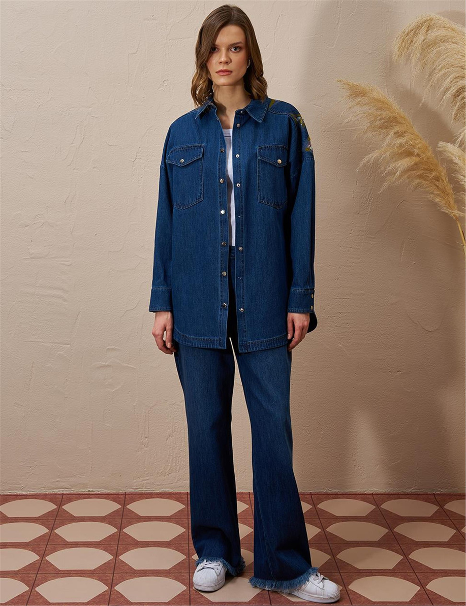 Üçgen Desenli Denim Ceket Lacivert