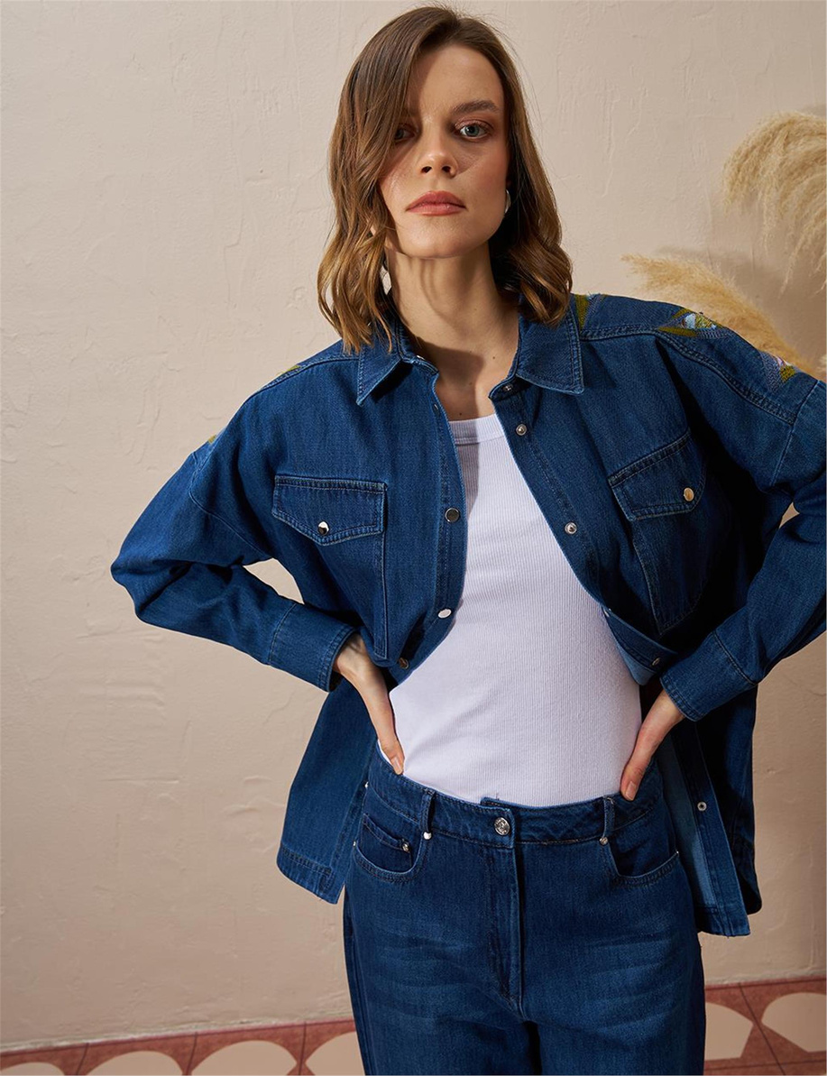 Üçgen Desenli Denim Ceket Lacivert