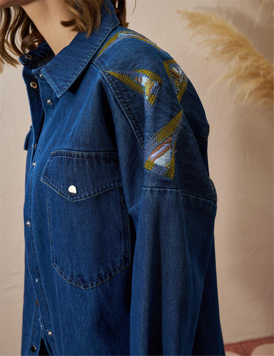 Üçgen Desenli Denim Ceket Lacivert