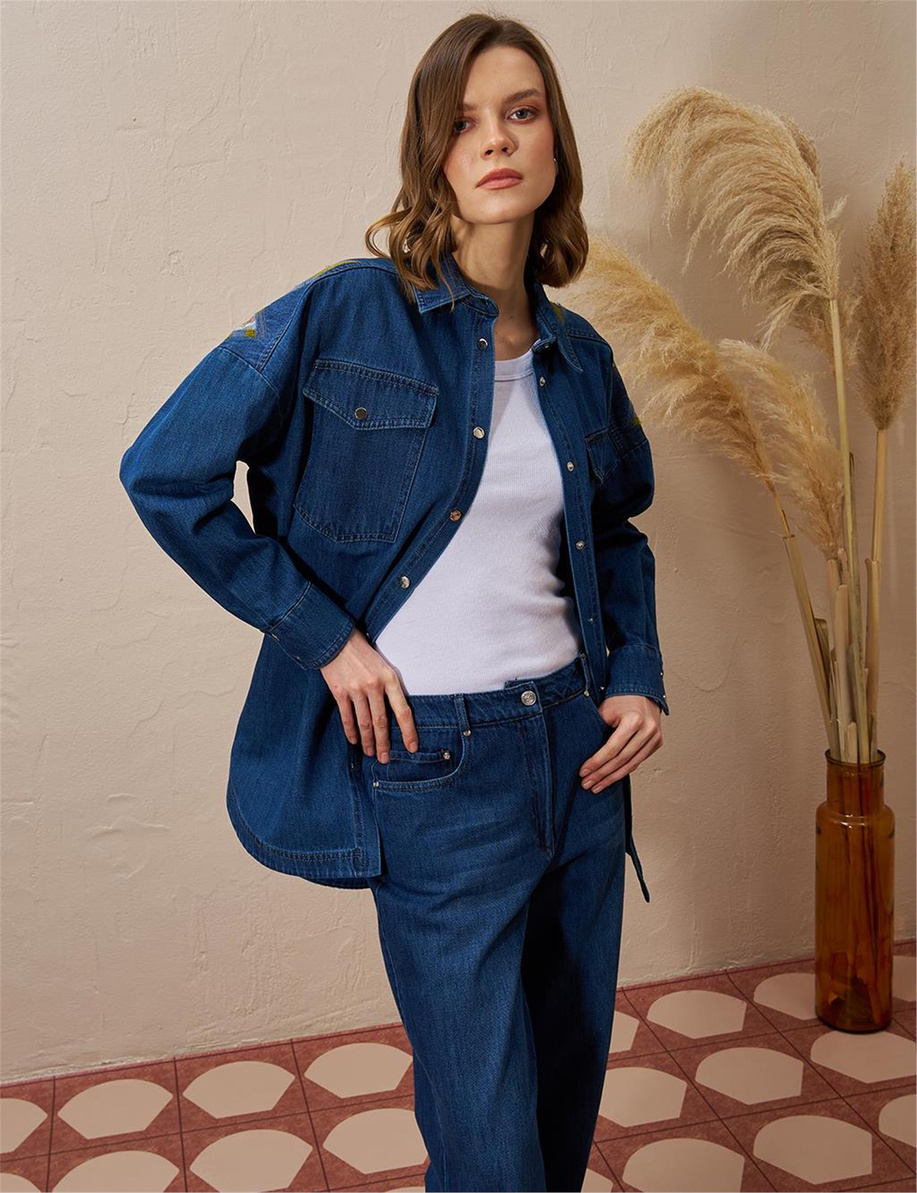 Üçgen Desenli Denim Ceket Lacivert