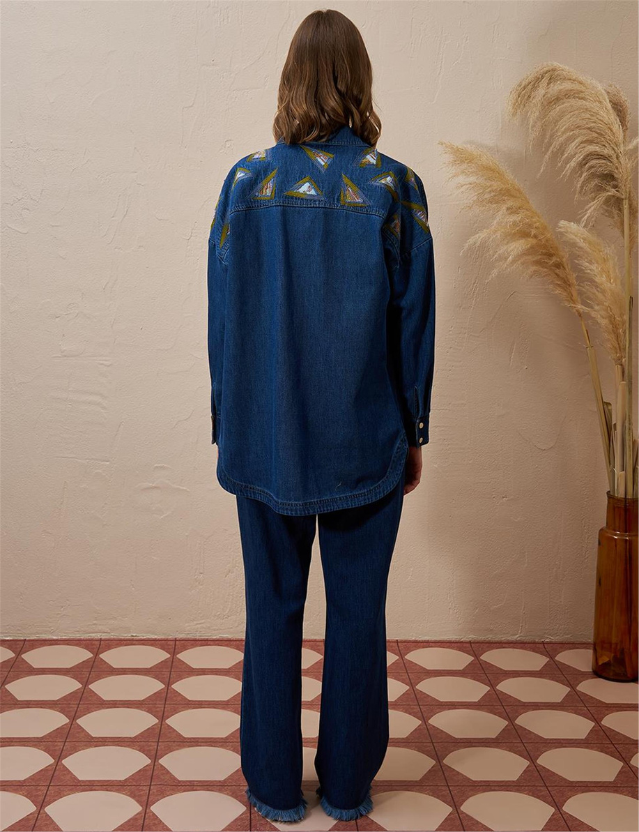 Üçgen Desenli Denim Ceket Lacivert