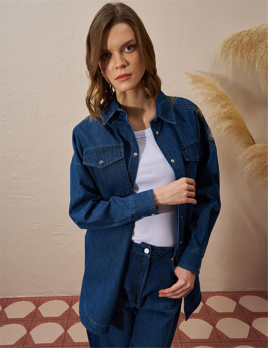 Üçgen Desenli Denim Ceket Lacivert