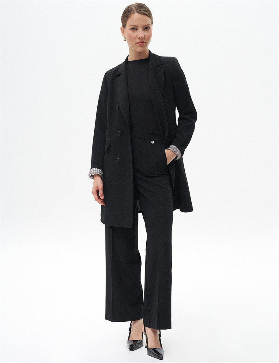 Ütü İzli Geniş Paça Pantolon Siyah